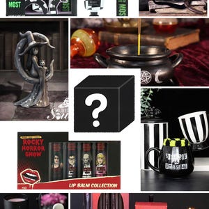 May include: A selection of gothic-themed items, including hand cream, a crossbody bag, a statue, a cauldron, a mystery box, mugs, lip balm, candles, and a ring holder. The products feature Beetlejuice and Rocky Horror Show designs, with black, white, and red colours.