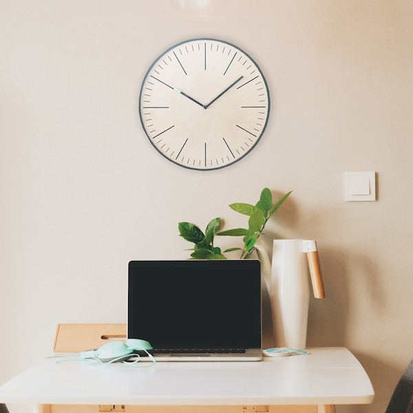Big round WHITE wood and steel wall clock. Simple elegant and minimalistic. PERFECT GIFT