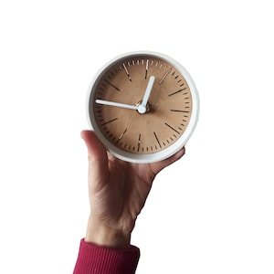 Elegant 10cm/4inch Oak Wood Desk Clock with  White Steel Frame - Ideal Stylish Gift for Office, Home, or Decor Enthusiasts