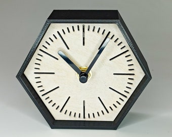 3d PRINTED black and white hexagon desk clock. Minimalistic small clock for gift