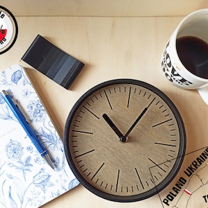 16cm /6 inch simple GREY wood and BLACK STEEL minimalistic round desk clock, midcentury style clock, perfetct gift