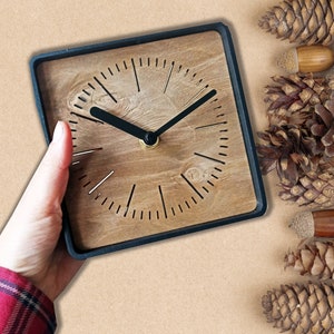 WENGE wood and BLACK steel squere desk clock, time zone custom engrave clock, perfect gift
