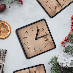 simple minimalistic oak squere desk clock, time zone custom engrave clock, metal and plywood clock for gift