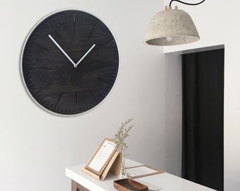 Big round BLACK wood and  WHITE steel wall clock. Simple elegant and minimalistic. Perfect gift