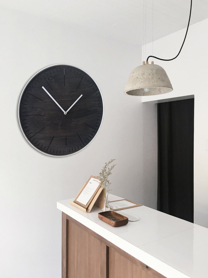 Big round BLACK wood and  WHITE steel wall clock. Simple elegant and minimalistic. Perfect gift