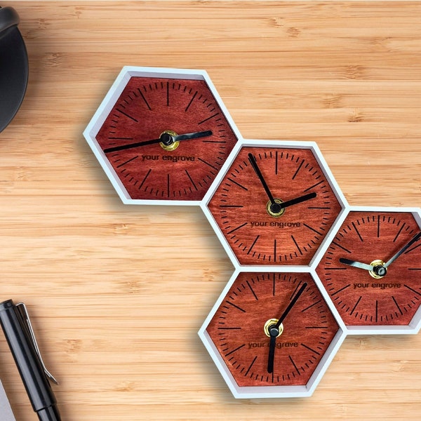white 3d printed and red wood CUSTOM timezone clock, honeycomb hexagon style, perfect personal gift