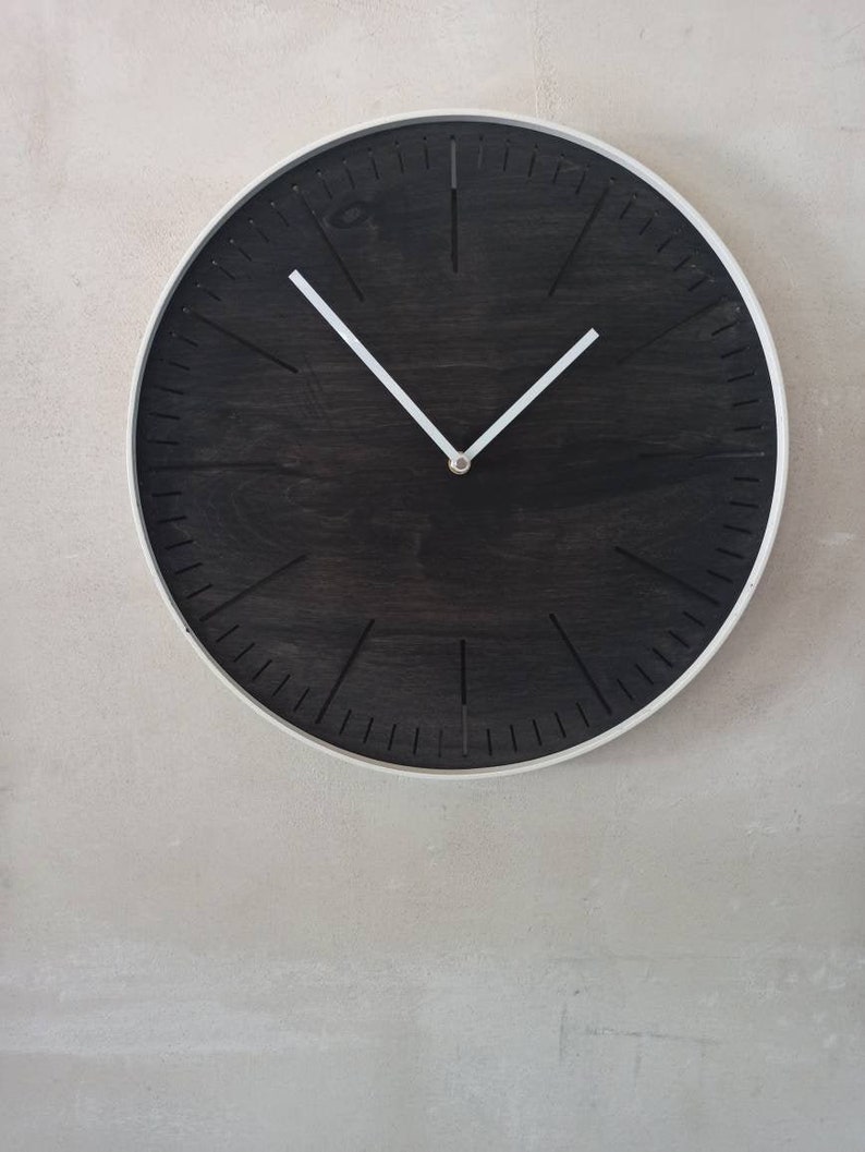 Big round BLACK wood and  WHITE steel wall clock. Simple elegant and minimalistic. Perfect gift