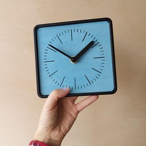 Minimalist Blue Desk Clock – Custom Time Zone Engraved – Square Upcycled Wood and Metal Clock for Gift or Office