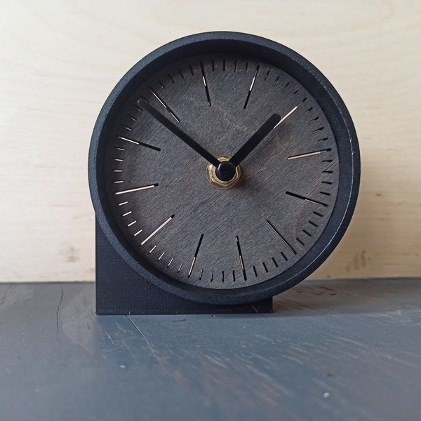 Small black simple 10 cm/4 inch desk clock. Black ebony wood and steel frame, little and minimalistic. Perfect gift
