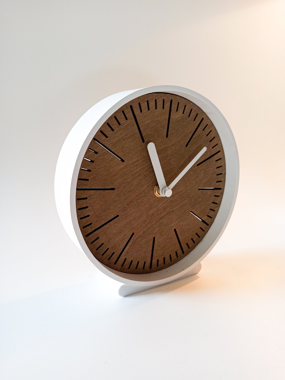 Simple TEAK Wood and White Steel Round Desk Clock - 6 Inch (10 Cm ...