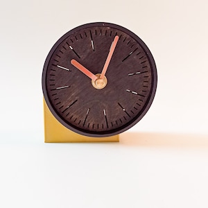 Black and gold small round clock, wood clock with steel border, 4 inch desk clock, made in Poland, minimalistic clock