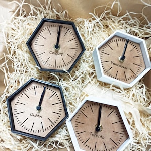 Set of four custom timezone clocks, wood BLACK and wihite TEAK hexagon clock for desk, office clock for gift, multi zone clock