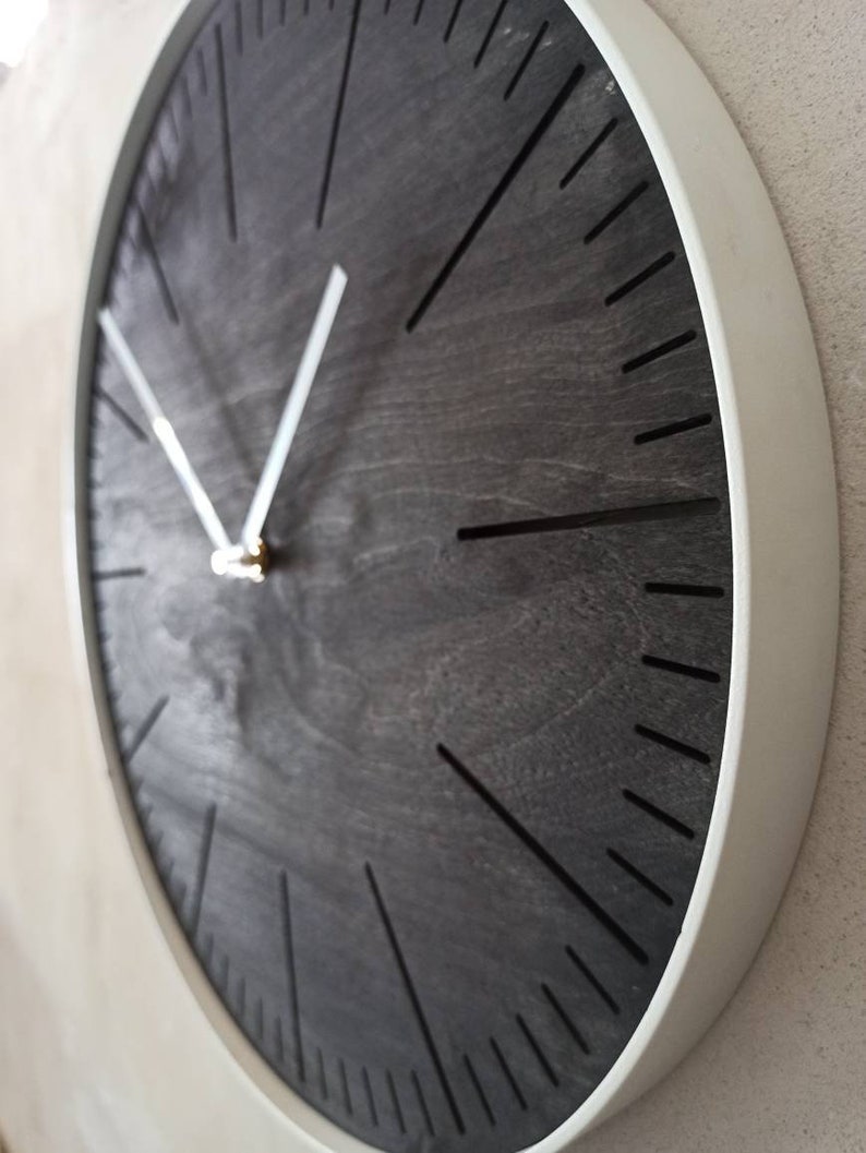 Big round BLACK wood and  WHITE steel wall clock. Simple elegant and minimalistic. Perfect gift