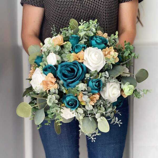 Teal and Tan Wedding Bouquet Fall Boho Bridal Bouquet Bridesmaid Bouquet Boutonniere