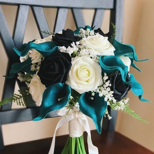 Teal Calla Lily Black Ivory White Rose Artificial Wedding Bouquet Bridal Bouquet Bridesmaid Bouquet Boutonniere