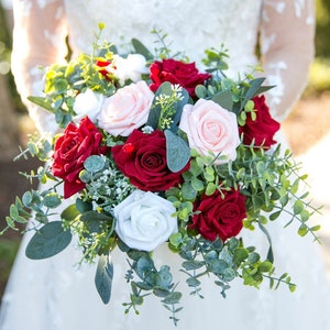 Deep Red, Blush Pink, & White Artificial Bridal bouquet Real Touch Velvet Silk Wedding Bouquet Bridesmaid Boutonnière Christmas Bouquet