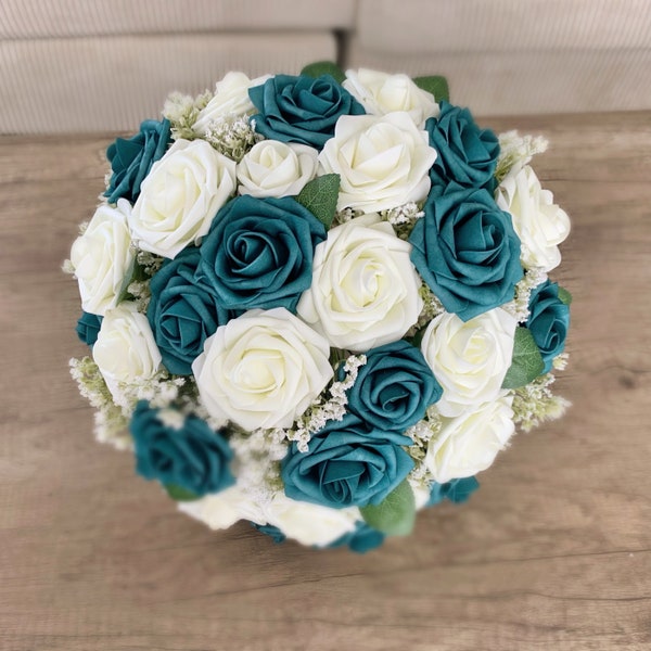 Dark Teal and Ivory Rose Bridal Bouquet, Peacock, Wedding Bouquet, Bridesmaid Bouquet, Blue Green Teal Bouquet, Customizable Colors Bouquet