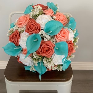 Aqua Turquoise Coral Light Teal Peach Pink Beach Wedding Bouquet Bridal Bouquet Bridesmaid Bouquet Boutonniere Artificial Beach Wedding
