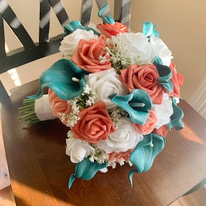 Teal Calla Lilly White and Coral Rose Bridal Bouquet Bridesmaid Bouquet Boutonniere Beach Wedding Bouquet