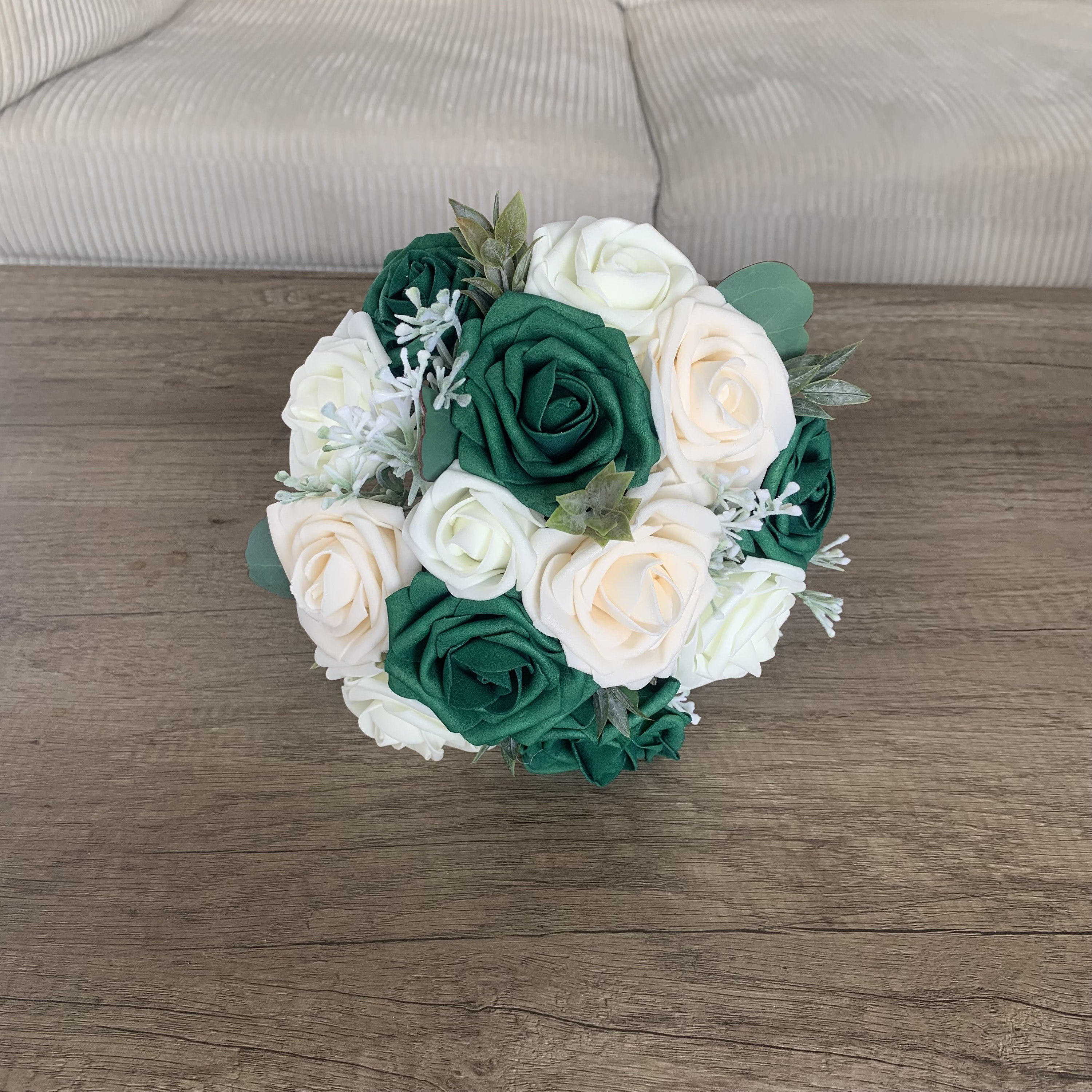 CB-007 ~ Made to Order Emerald Green & Ivory Real Touch Roses