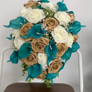 Teal and Gold Wedding Bouquet Gold Turquoise Dark Teal Bridal Bouquet Bridesmaid Bouquet Boutonniere Corsage Teal and Gold Wedding