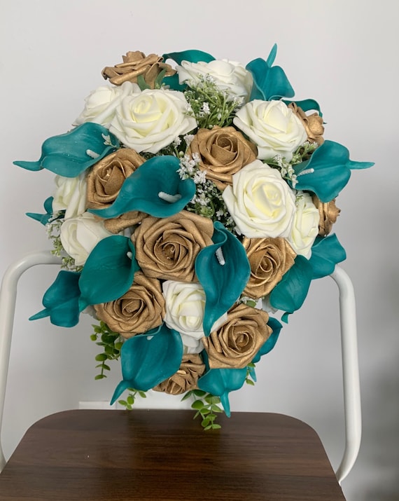 Turquoise Gold Flowers, Flower Picks, Garland Flowers, Christmas Ornaments,  Wedding Decorations, Fabric Roses 