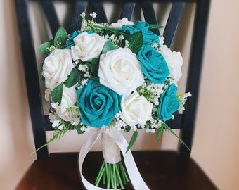 Teal and Ivory Rose Bridal Bouquet, Emerald, Wedding Bouquet, Bridesmaid Bouquet, Turquoise Bouquet, Customizable Colors Bouquet
