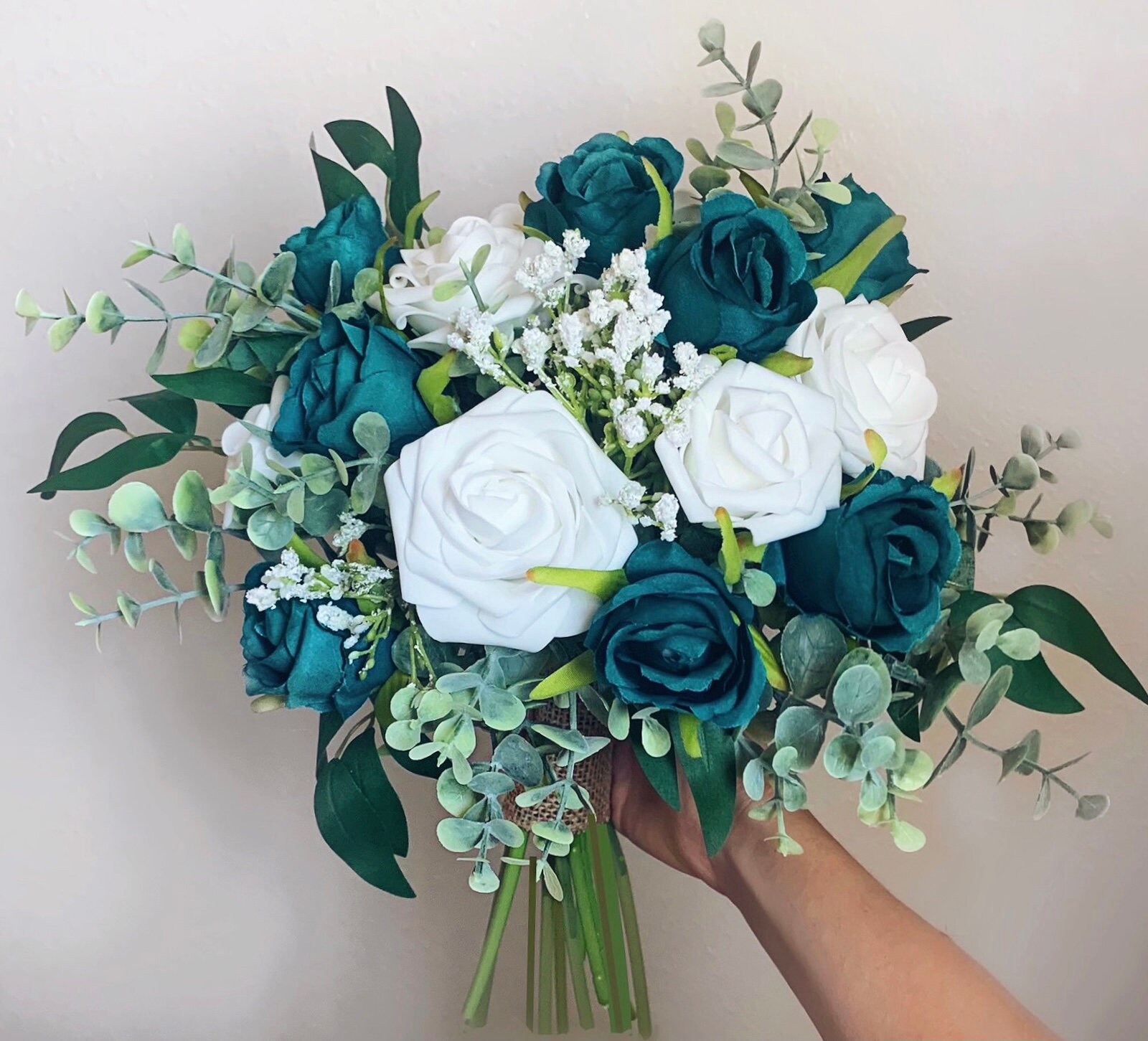 Teal Boho Artificial Wedding Bouquet Dark Teal and White Ivory Etsy