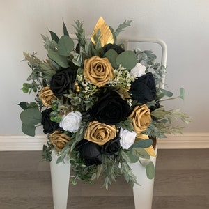 Black and Gold Eucalyptus Boho Artificial Bridal Bouquet Gold Wedding ...