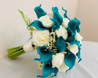 Teal Calla Lily and Ivory Rose Wedding Bouquet, Turquoise Bridal Bouquet, Dark Teal Flower Arrangement, Beach Wedding, Peacock Blue