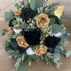 Black and Gold Eucalyptus Boho Artificial Bridal Bouquet Gold Wedding Bouquet Bridesmaid Bouquet Boutonniere Corsage Black Wedding Bouquet