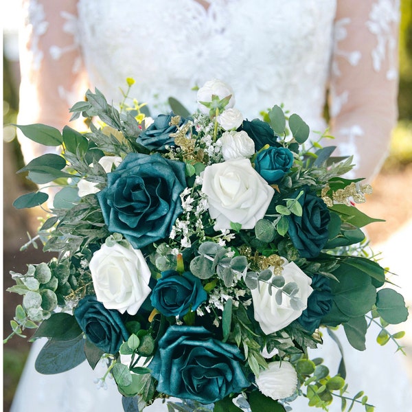 Dark Teal and Gold Eucalyptus Boho Artificial Bridal Bouquet Wedding Bouquet Bridesmaid Bouquet Boutonniere Corsage Gold Wedding Bouquet