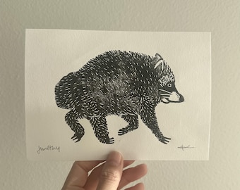 Jimothy Linocut Print | Seattle Raccoon Art | 5x7 Handmade