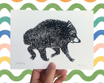 Jimothy Linocut Print | Seattle Raccoon Art | 5x7 Handmade