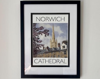 Norwich Cathedral Print, Norfolk Wall Art, A4