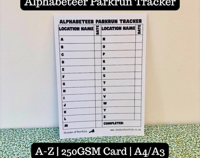 Alphabeteer Parkrun Tracker | A-Z Parkrun Challenge | A4 or A3 Running Gift