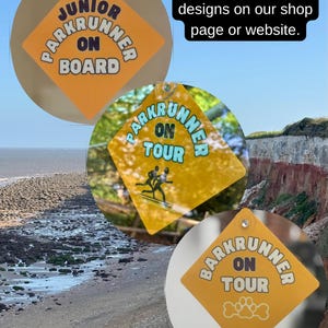 May include: Three diamond-shaped yellow car hangers with suction cups. One reads JUNIOR PARKRUNNER ON BOARD, another PARKRUNNER ON TOUR with a graphic of two runners, and the third reads BARKRUNNER ON TOUR with a paw print graphic.