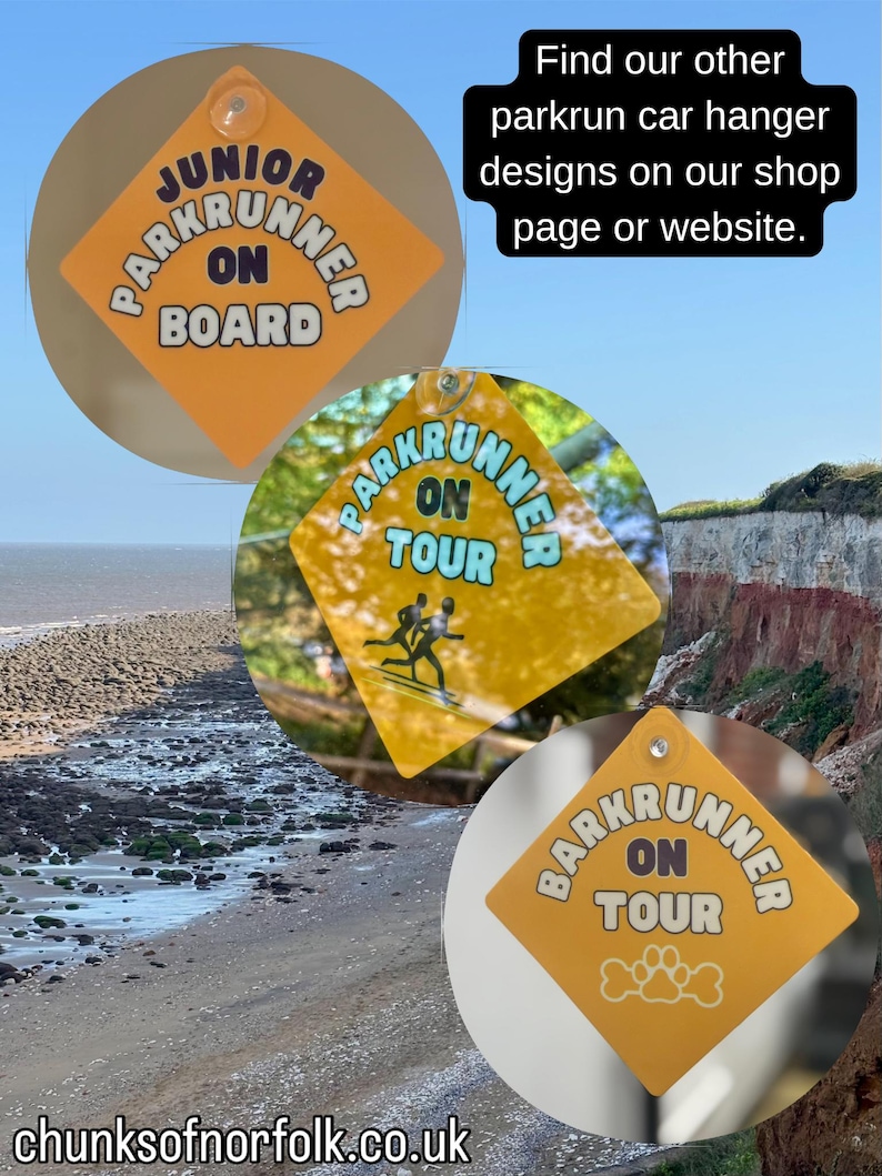 May include: Three diamond-shaped yellow car hangers with suction cups. One reads JUNIOR PARKRUNNER ON BOARD, another PARKRUNNER ON TOUR with a graphic of two runners, and the third reads BARKRUNNER ON TOUR with a paw print graphic.