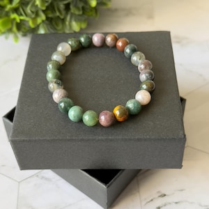 Indian Agate, 8 mm Indian Agate Stretch Bracelet for Chakra Balancing , Healing Crystal Beads for Meditation, Boho Yoga & Everyday Wear Gift