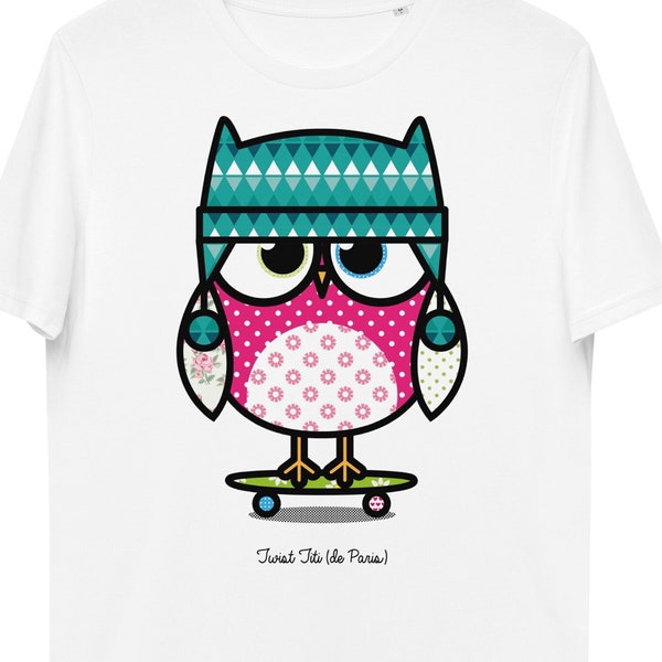 T-shirt en coton biologique, hibou mignon sur un skateboard, humour, t shirt homme et femme, marque Twist Titi ( De paris), idée cadeau