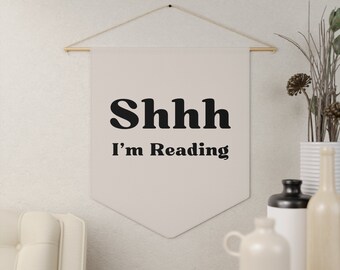Shh I'm Reading Beige Neutral Wall Decor Pennant for Readers and Book Lovers