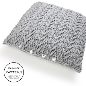 May include: Gray crochet pillow with a textured diamond pattern and four white buttons. The pillow is on a white background. Crochet Pattern Instant PDF Download.