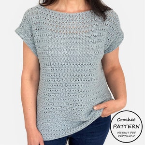 May include: A crochet top pattern in a light blue colour. The pattern features a simple stitch design with a loose, airy feel. The text "Crochet Pattern Instant PDF Download" is visible in the lower right corner of the image.