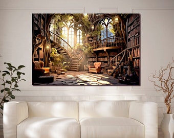 Fantasy Library canvas wall art Reading room wall decor Office wall decor Surrealism art print Modern wall art BookLover gift Ready to hang