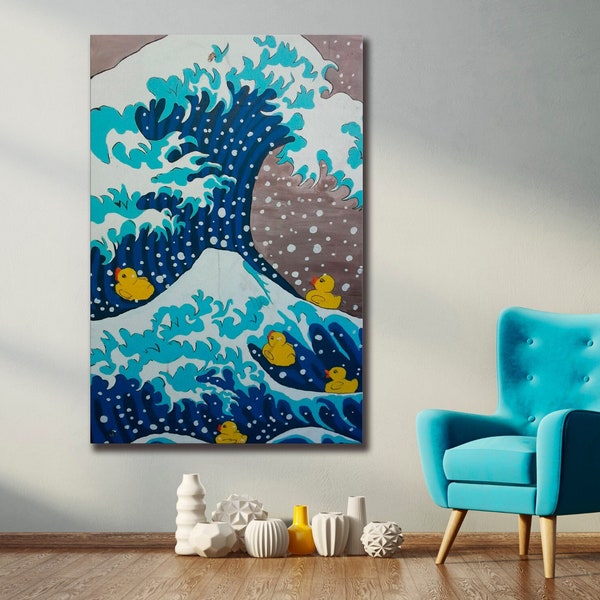 Rubber Ducks Print The Great Wave Japan Wall Art Print Hokusai Wall Art Yellow Rubber Duck Japanese Art Print Rubber Ducks Modern home decor