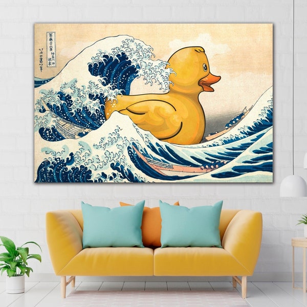 Yellow Rubber Duck Canvas The Great Wave Wall Art Hokusai Wall Art Kanagawa Wall Decor Rubber Ducky Print Japan Wall Art Print Modern Canvas