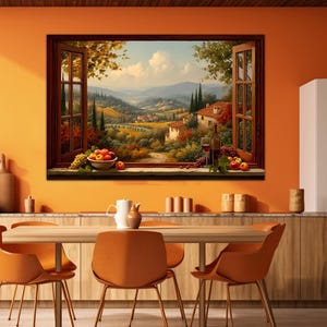 May include: A dining room with orange walls and a wooden table with orange chairs. A large framed painting depicts a scenic landscape. A potted plant and a cabinet are also visible.
