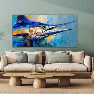 Abstract Marlin Fish Canvas Art Vibrant Swordfish Painting Deep Sea Fishing Wall Decor Coastal Home Office Art Nautical Sport Fish Print