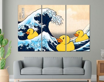 Rubber Ducks Wall Art The Great Wave Print Katsushika Hokusai Art Yellow Rubber Duck Canvas Ducky Print Japan Wall Art Modern Home Decor