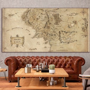 Impression sur toile, carte de la Terre du Milieu fantastique, carte vintage abstraite, art mural Hobbit amateur de littérature, décoration murale très grande, cadeaux de pendaison de crémaillère